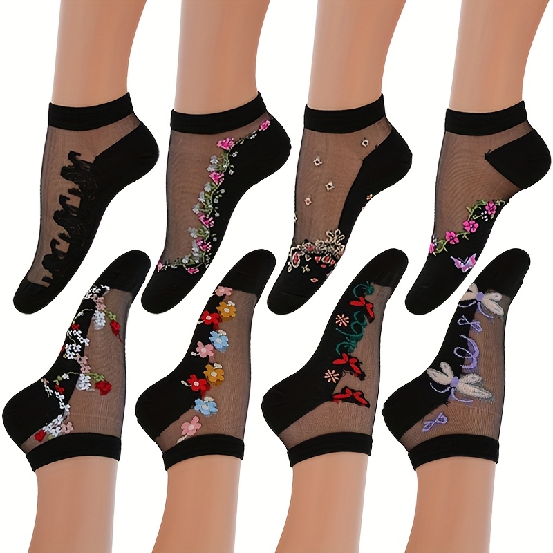 TEMU Pairs Of New Women's Socks Featuring A Floral Diamond Pattern In Black, Making Them An Ideal Gift For