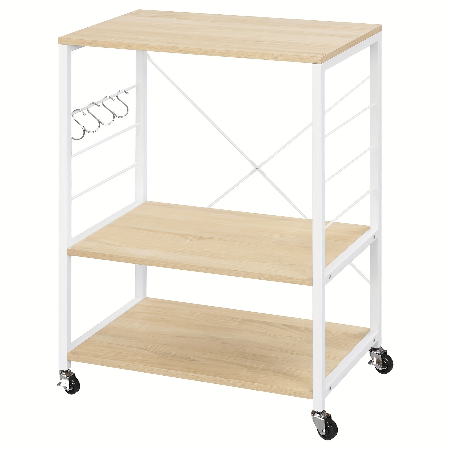 1pc Kitchen Fixed Storage Rack On Wheels, Kitchen Shelf, Microwave Shelf, Serving Trolley, 3 Tier Microwave Holder, 4 Hooks, Metal Frame, , Rustic Brown + Black/light Woodlook+white, 60 X 40 X 82.5cm