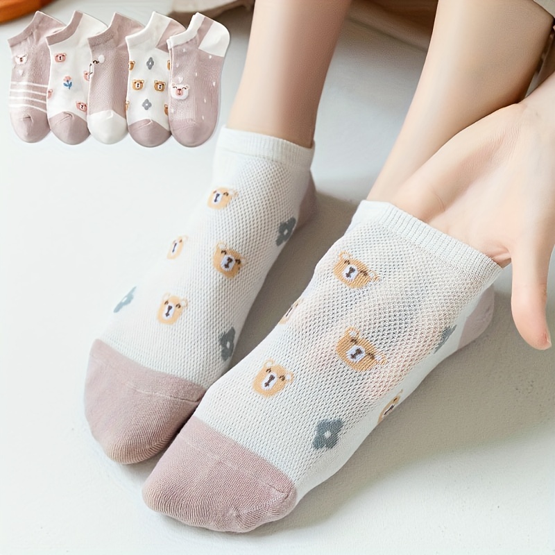 

5 Pairs Cartoon Bear & Floral Socks, Cute & Breathable Ankle Socks, Women's Stockings & Hosiery