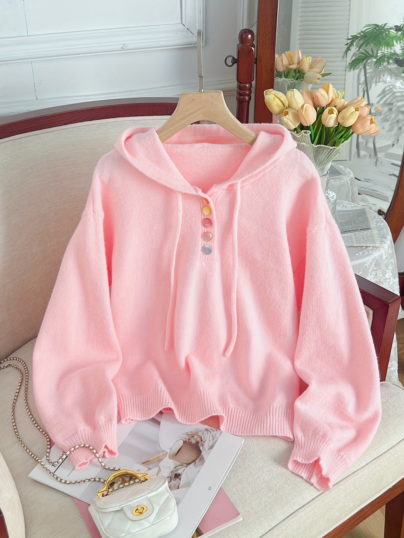 chic pink loose fit hoodie sweater petite women elegant long