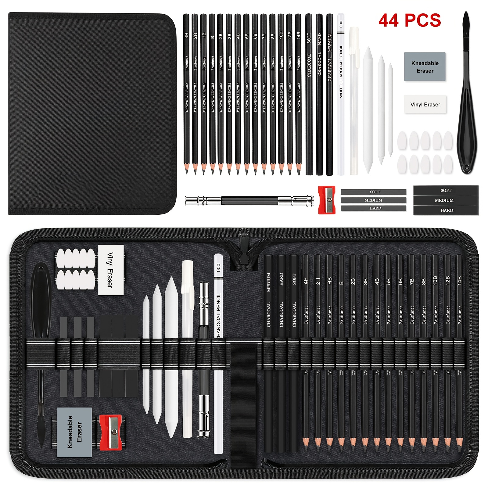 Image of 44/64pcs Drawing Set,sketching Kit With Graphite & Charcoal Pencils, Blending Tools,erasers & Accessories,portable Zippered Travel Case For Artists & Enthusiast,for Professional Artistic Use