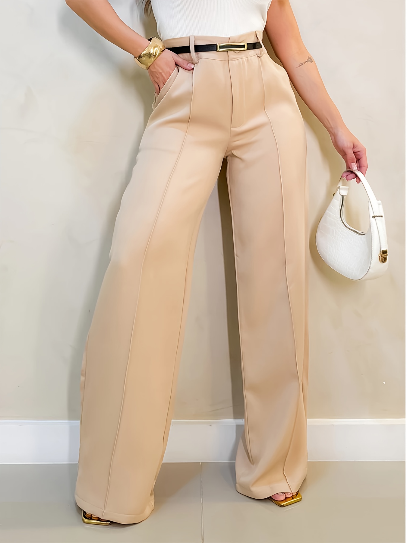 pantalon droit beige élégant femme ceinture en métal Temu