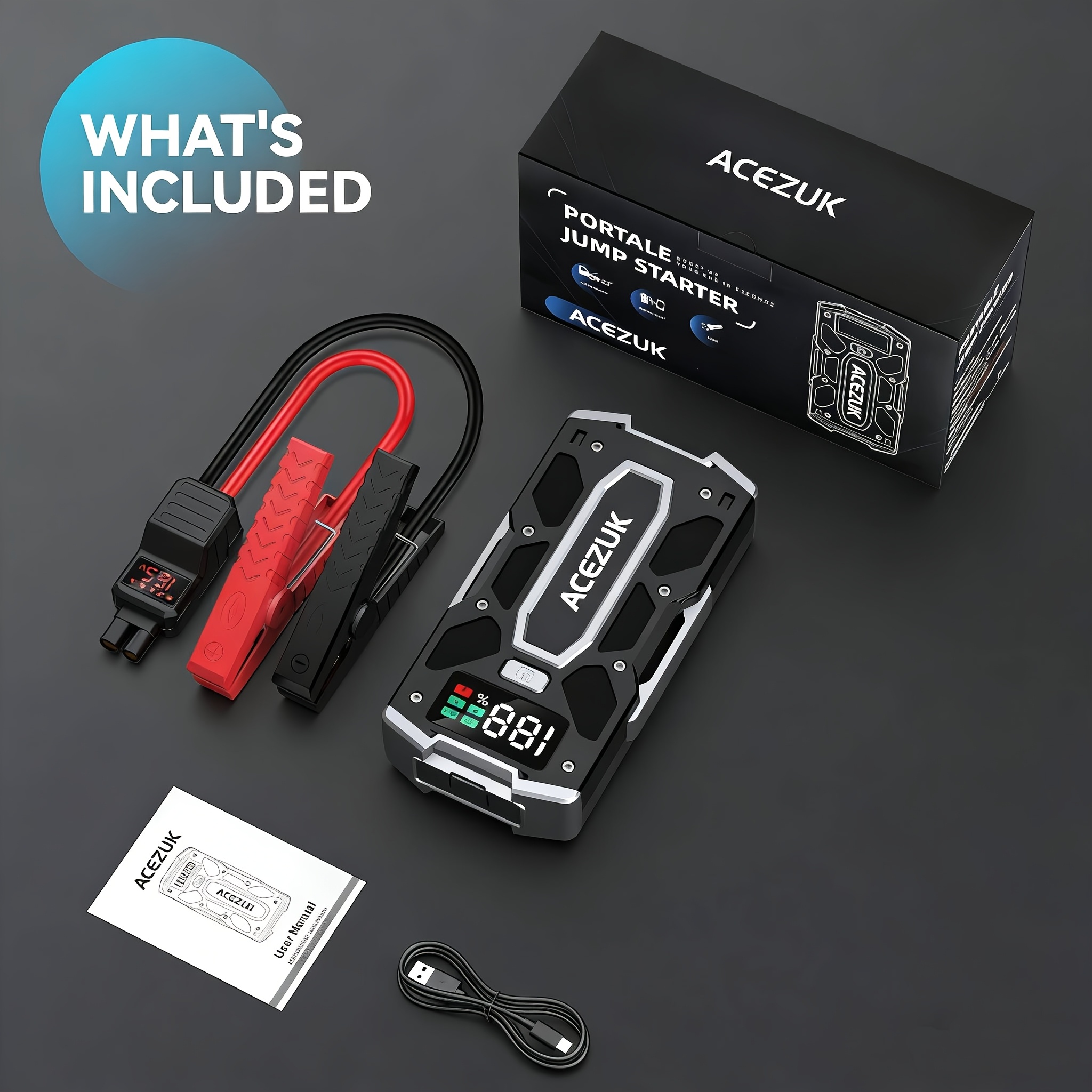 Car Battery Starter 7000a Jump Box (10.0l Gasoline/ 8.0l ), Portable Car Pack With Extended Smart Jumper Cables, Fast Charging, Large Display, Lights