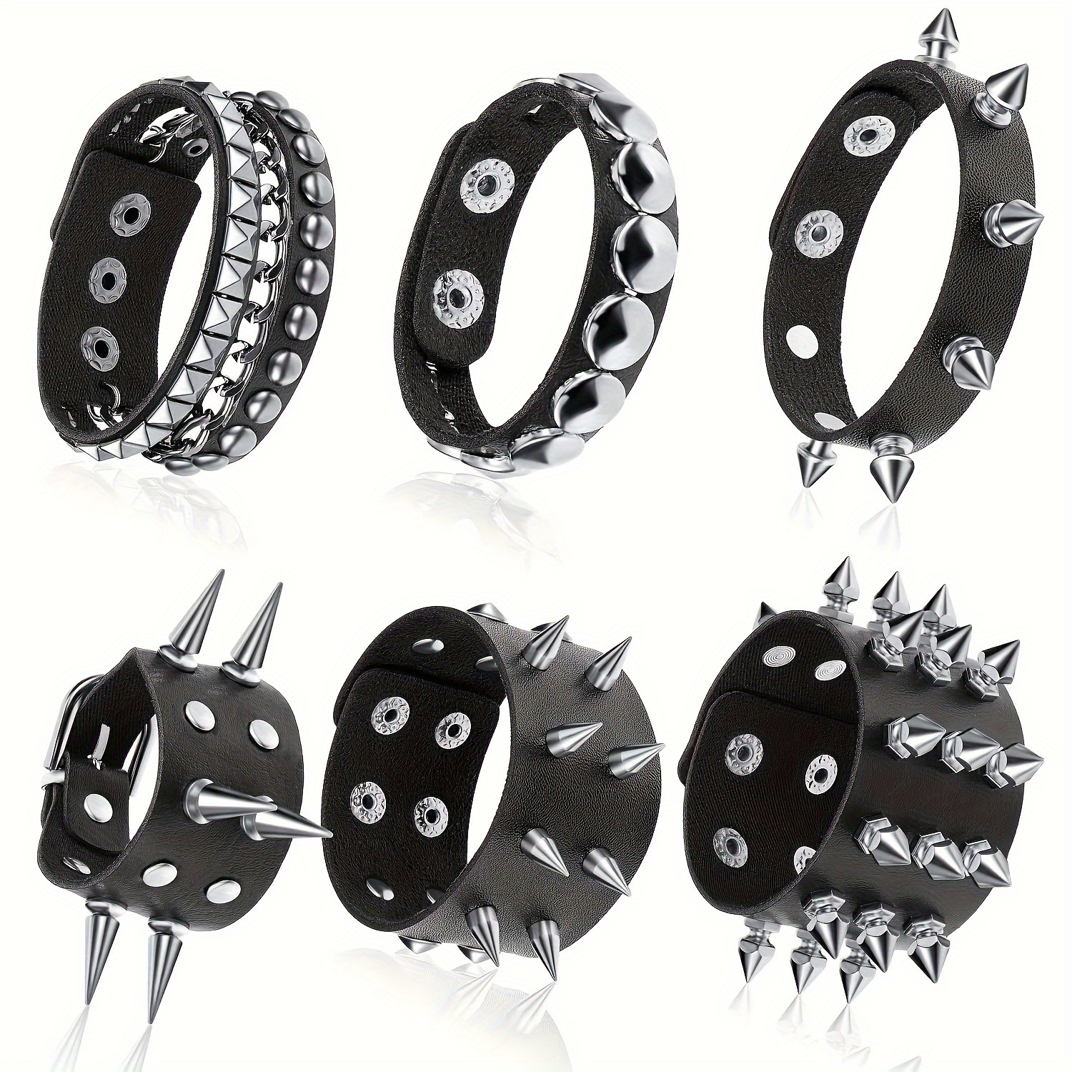 

6pcs Punk Gothic Faux Leather Bracelets With Studded Spikes & Rivet Buckles - Adjustable Black Wristbands For Men, 80s Rock Style Party Accessories