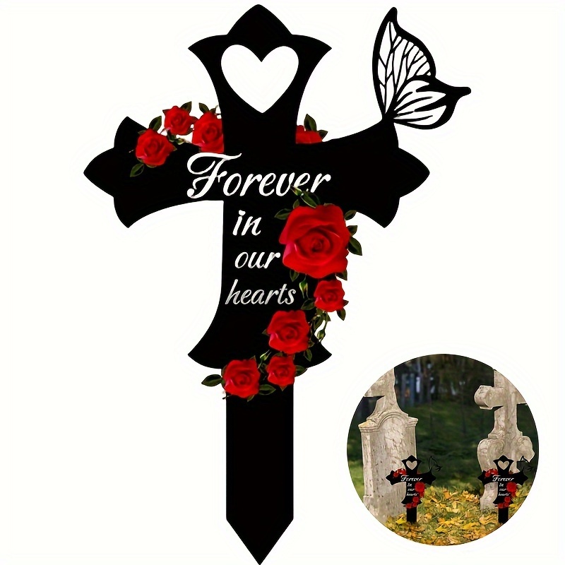 

1pc, Black Cross Rose Flower Butterfly Cemetery Memorial Acrylic Cross Garden Grave Cemetery Decoration Outdoor Garden Yard Outdoor Relatives Memorial Stakes