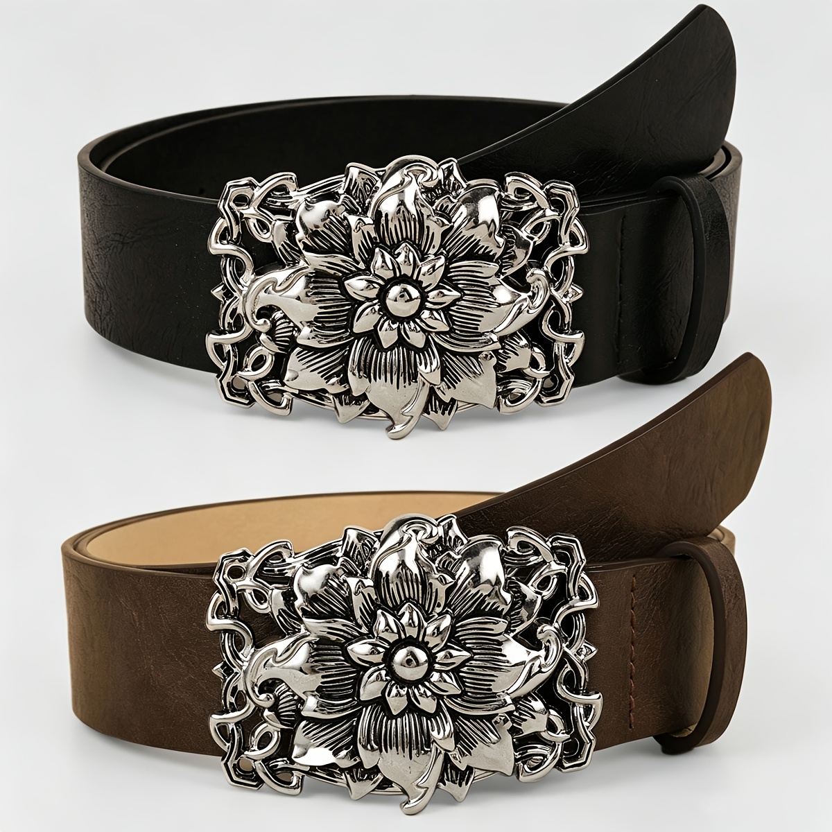TEMU Lot de 2 larges ceintures western bohèmes pour femme en PU sculpté avec décoration de boucle florale