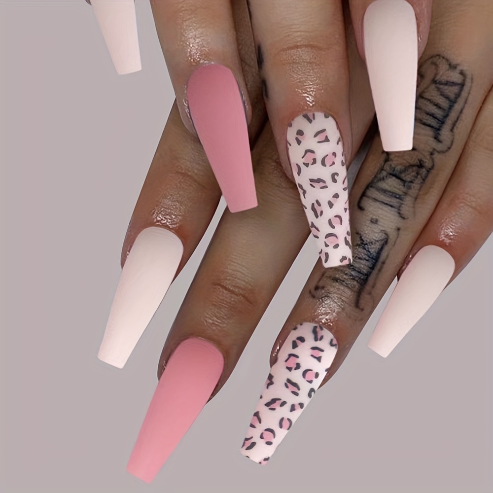 

Matte Pink & White Ombre Press-on Nails With Leopard Print Design, Long Ballet Coffin Shape Full Cover Artificial Nail Set For Women And Girls - 24pcs