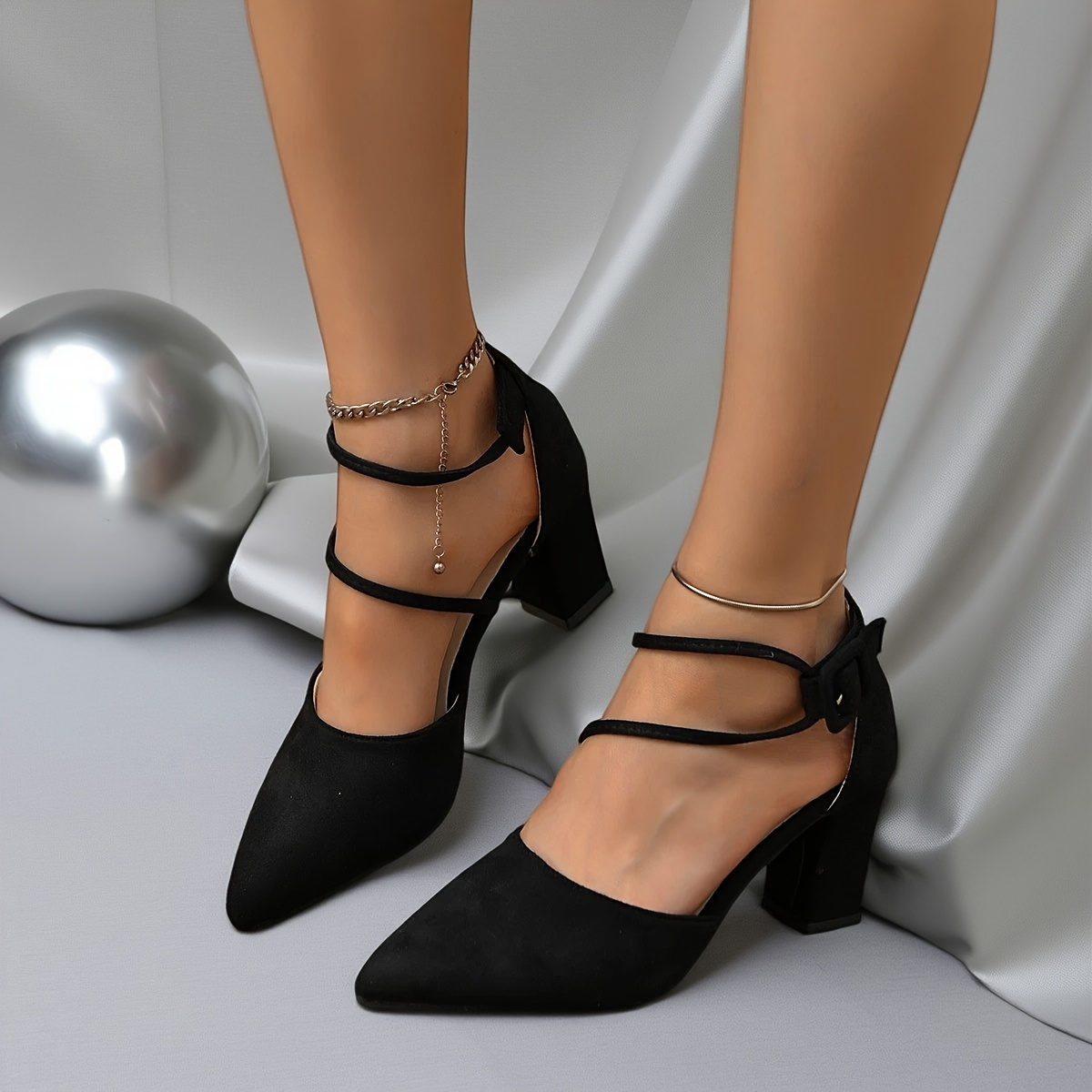 Elegante Blockabsatz-Pumps mit Spitze für Damen Sommer-Velvet-Design mit  Knöchelband, leicht und bequem, vielseitige Schuhe, schwarz,