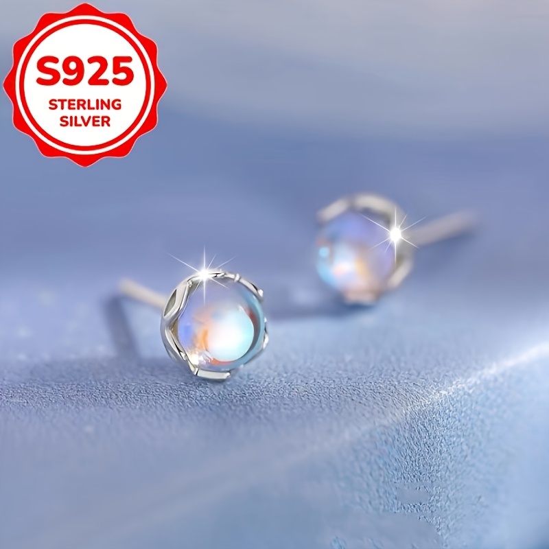 2pcs Women's S925 Sterling Silvery Moonstone Stud Earrings