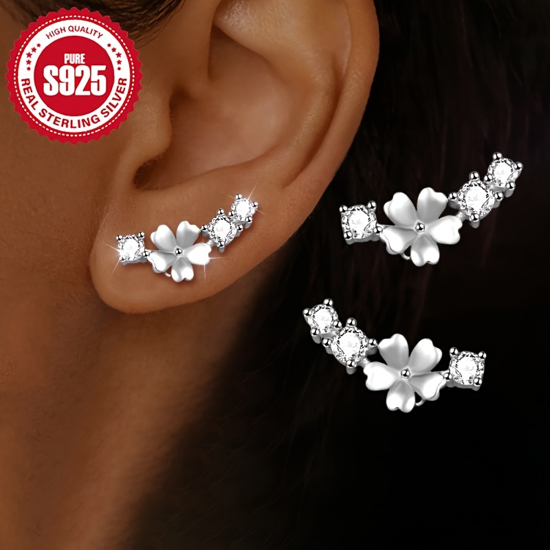 Image of Pair Of S925 Silver Flower Stud Earrings, Sweet And Cute , Perfect For Women' Wear, Parties, Festive Gifts, Hypoallergenic