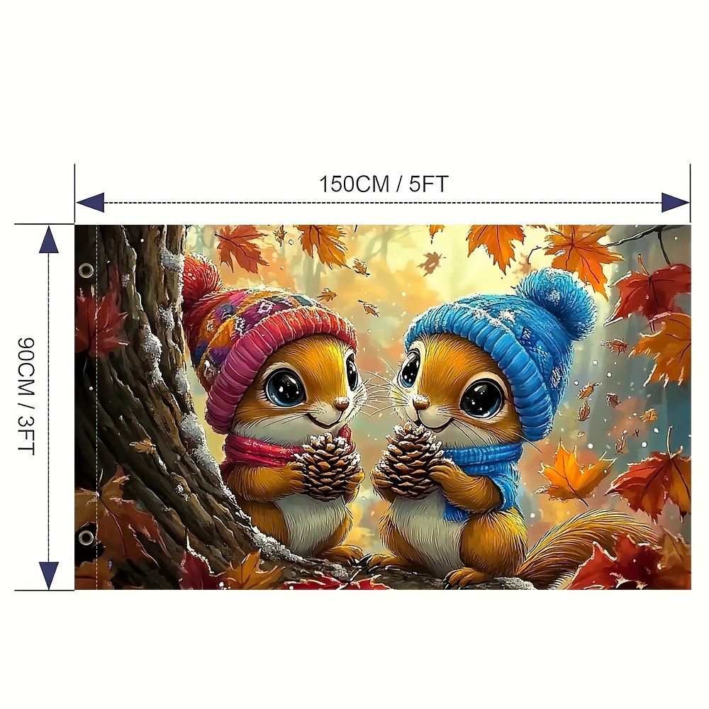 TEMU 1 Stück Herbst-Eichhörnchen-Eiche-Party-Flagge - Lebendige Herbst-Themen-Design mit zwei Eichhörnchen in Schals und Hut, Polyester-Material, für