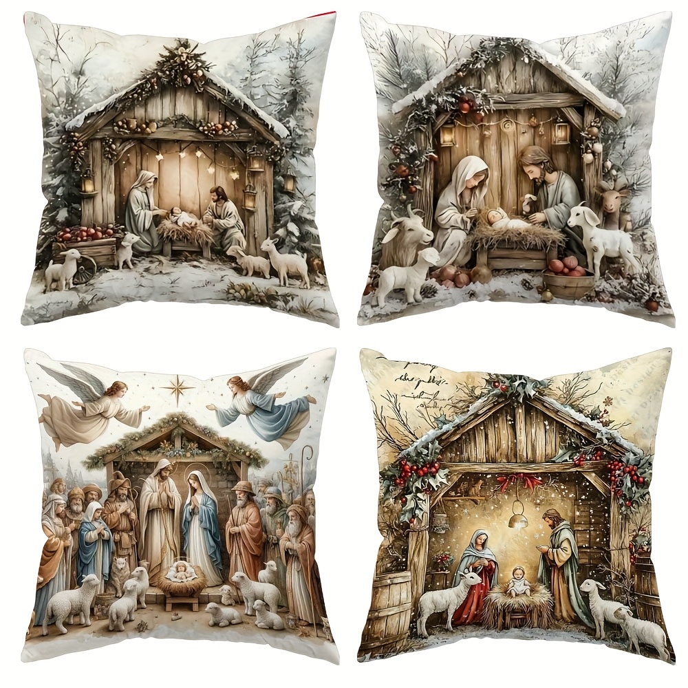 TEMU Juego de 4, con un diseño navideño y patrones festivos, disponible en tamaños de 16 X 16 pulgadas, 18 X 18 pulgadas y 20 X 20 pulgadas, para