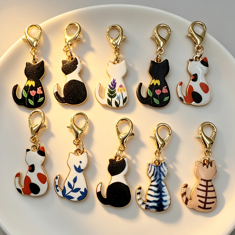 Image of 10pcs Random Color Cats Keychain - Cute Alloy Metal Key Rings With Lobster Clasp, Ideal Birthday Gift For Women And Ladys, Multi-functional Bag Charm Decor