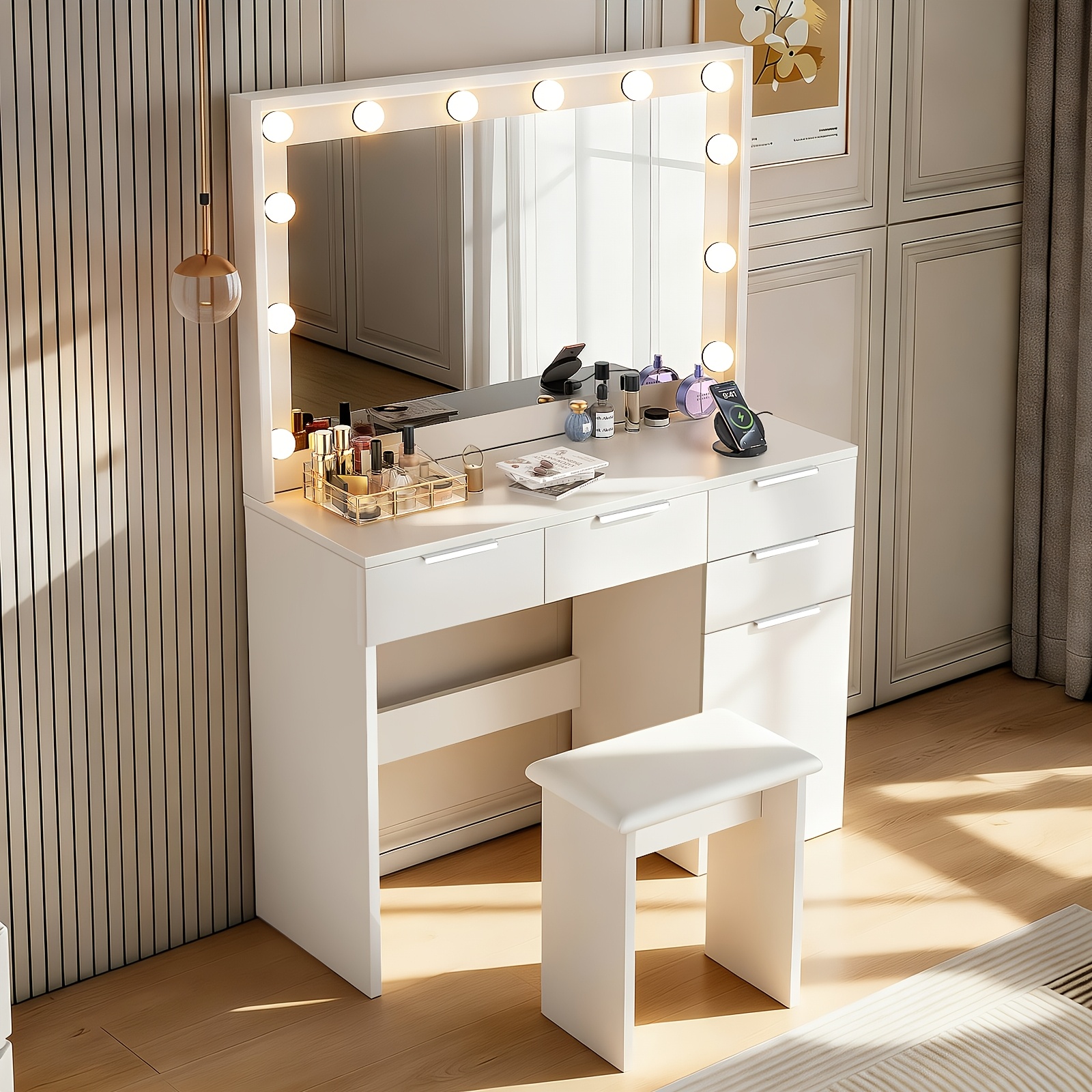 Elegant White Vanity Table With Three-color Adjustable Led Lighting, Large Hd Mirror, Spacious Storage Drawers, And Sturdy Design Perfect Makeup Desk For Bedroom, Dressing Room, Or