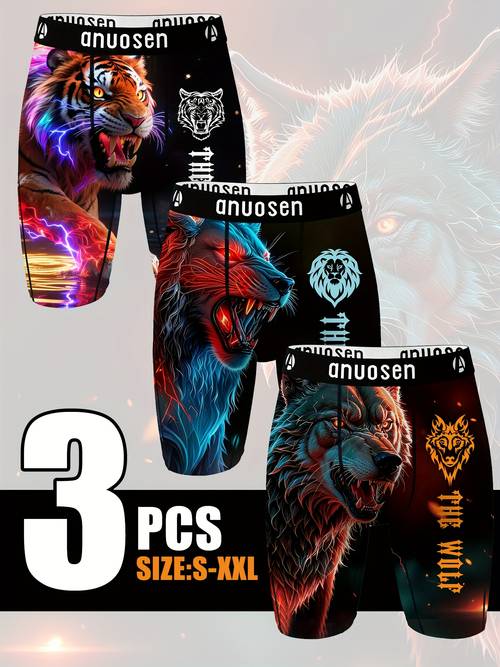3pcs mens long sports underwear print beach shorts with animals 3pcs set quick dry breathable wolf hip hop style anti chafing legs new fashionable panties extended running shorts moisture wicking mens breathable elastic boxer shorts