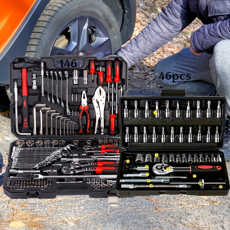 TEMU 146/46pcs Mechanical Tool Socket Set, 1/2" 1/4" 3/8" Drive Sae And Metric Sizes, Universal Mixed Ratchet Wrench Set With 72-tooth Ratchet, For