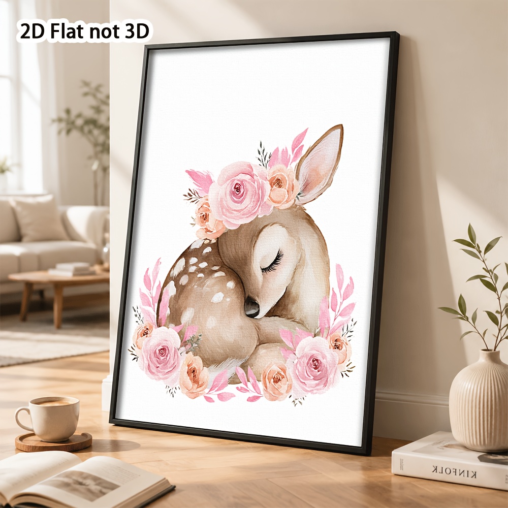 Cute Sleeping Deer and Pink Rose Frameless Poster, Nursery Decor