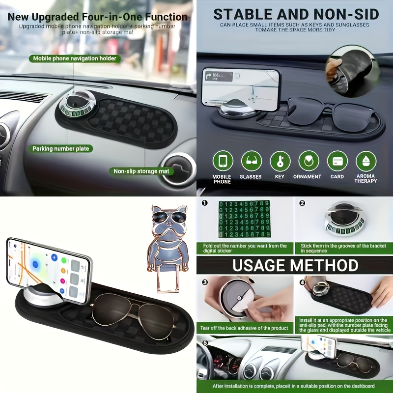 Multifunctional Non-Slip Car Dashboard Cushion with Rotating Phone Holder and Large Storage, Heat-Resistant Silicone, Multiple Black Color O