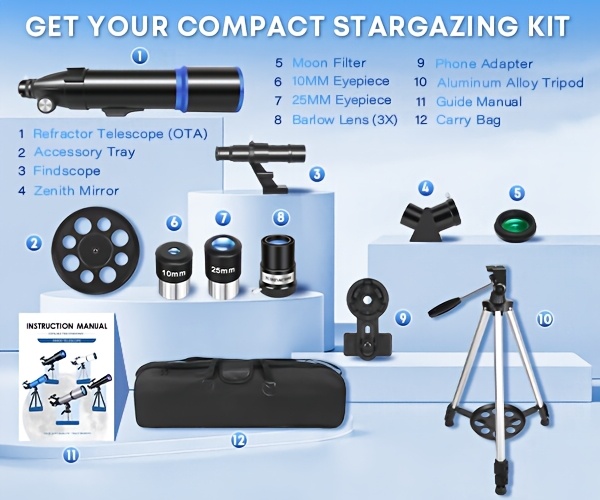80mm Großöffnungs-Refraktor-Teleskop 180x HD, 600mm Brennweite, 24x-180x Zoom für Sternenbeobachtung Mondbeobachtung. Inklusive Handy-Adapter, Stativ, Barlowlinse, Sucherfernrohr, Mondfilter tragbarer Tragetasche. Ideal für Erwachsene, Studenten Astronomie-Anfänger. Perfekt für Weltraumforschung