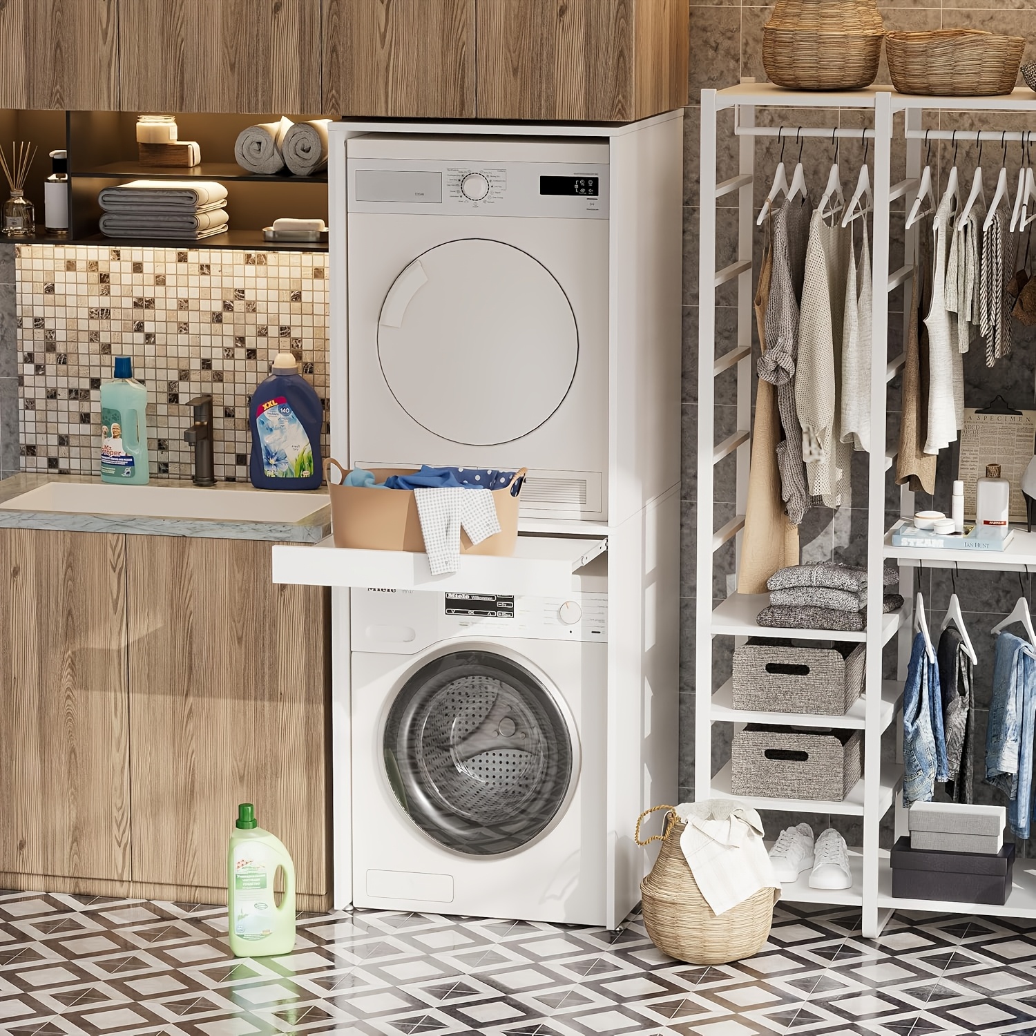 TEMU 180x65x66cm, 2-level Washing Machine Cabinet With Pull-out Panel, Suitable For Washing Machine And Tumble Dryer, Stylish And Practical Washing