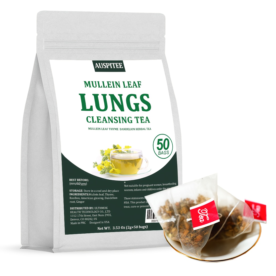 TEMU Mullein Lungs Tea, 2g*50 Bags, Mullein, Thyme, Rooibos Tea, And Other Ingredients, No Additives, Easter Basket Stuffers