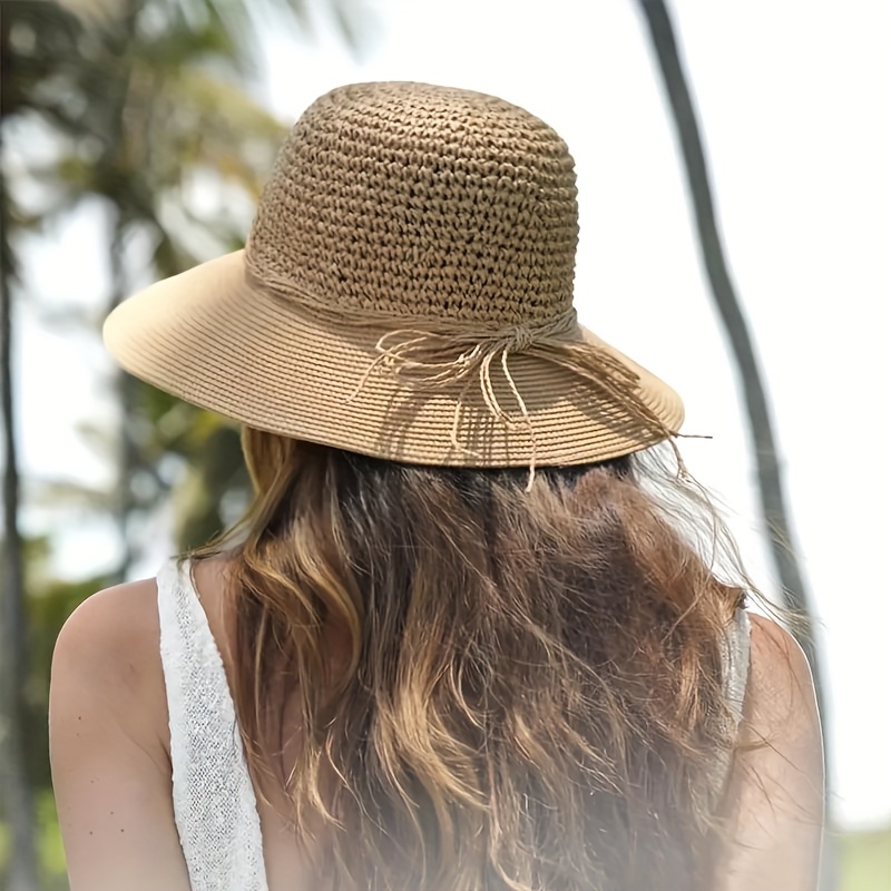 TEMU Women's Wide-brim Straw- Hat, Lightweight, Breathable And Foldable, With Drawstring And Chin Strap, Perfect For Outdoor Travel And Summer.