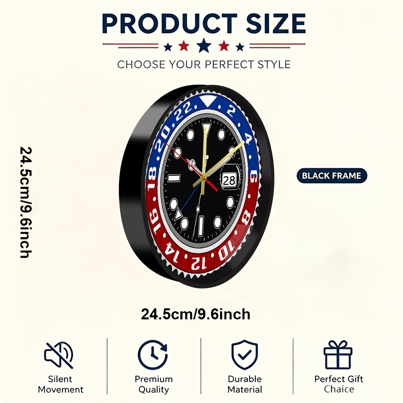 TEMU Red Blue Watch Dial Themed Decorative Large Wall Clock With Glass Front Cover And Abs Round Frame,silent Non-ticking Quartz Movement,