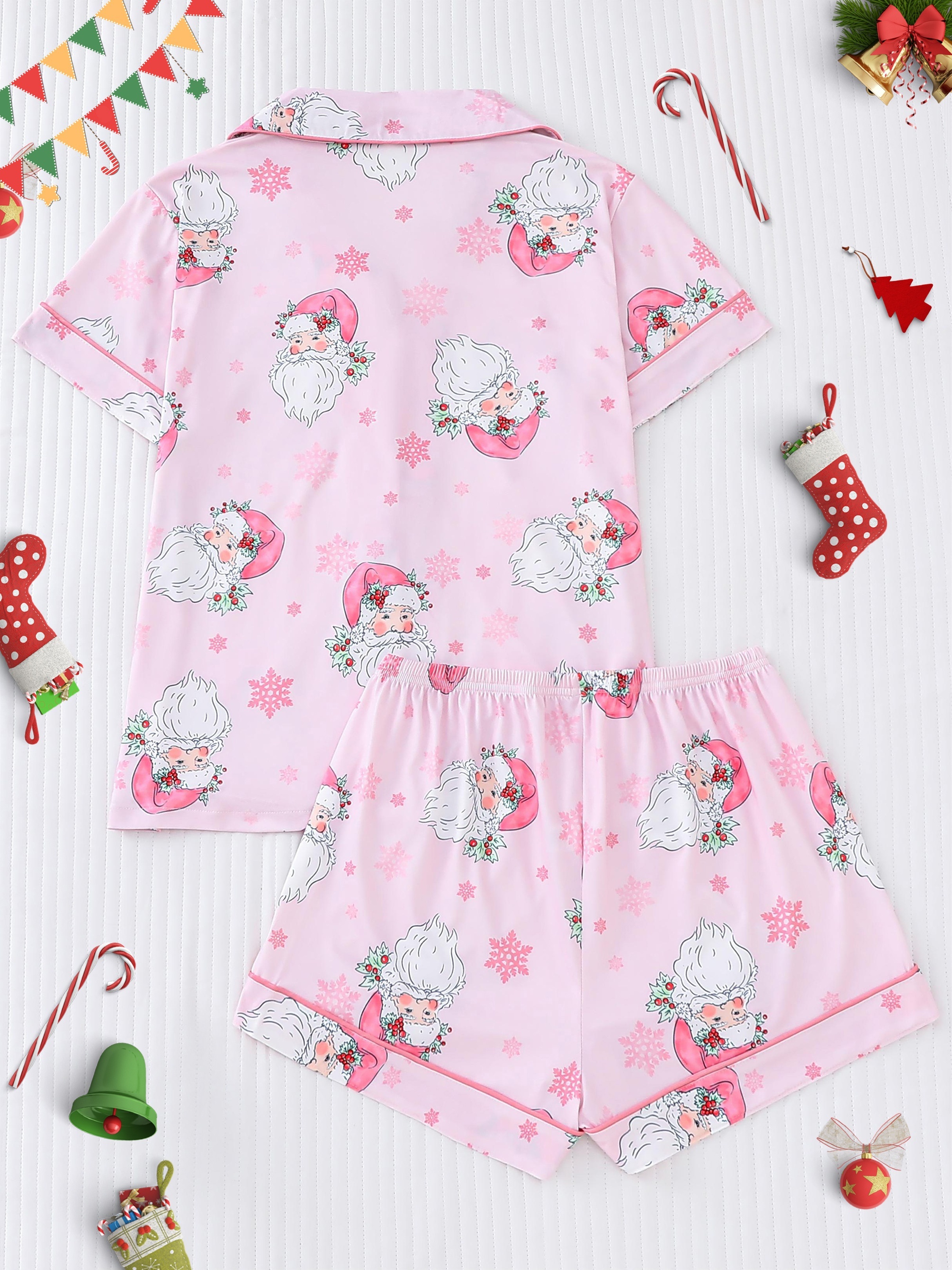 womens cute santa print pajama set short sleeve buttons lapel top shorts comfortable relaxed fit for christmas Product details 2