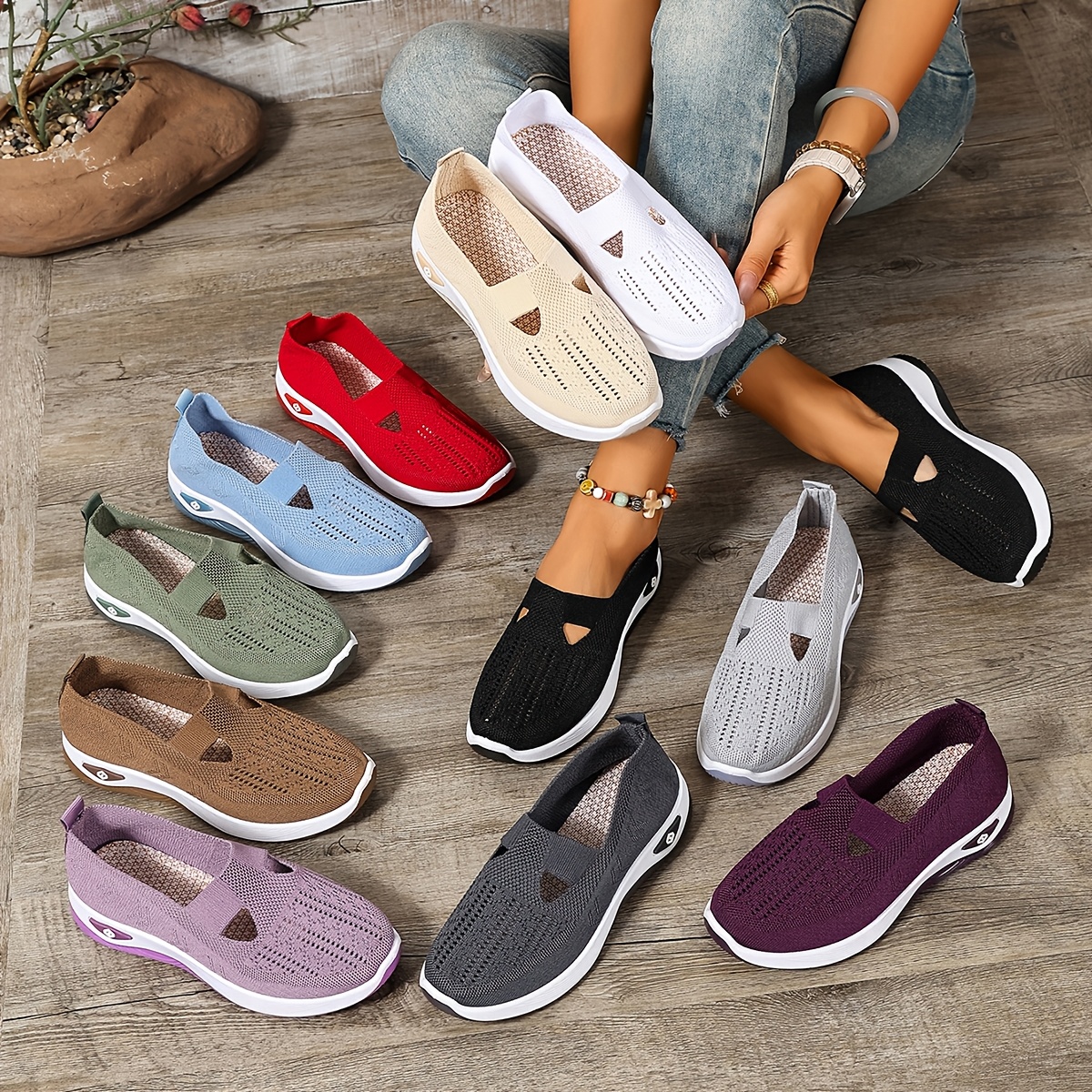 lightweight and fashionable womens knit sneakers with cut out design   in red beige   black and purple suitable for   with a flexible sole