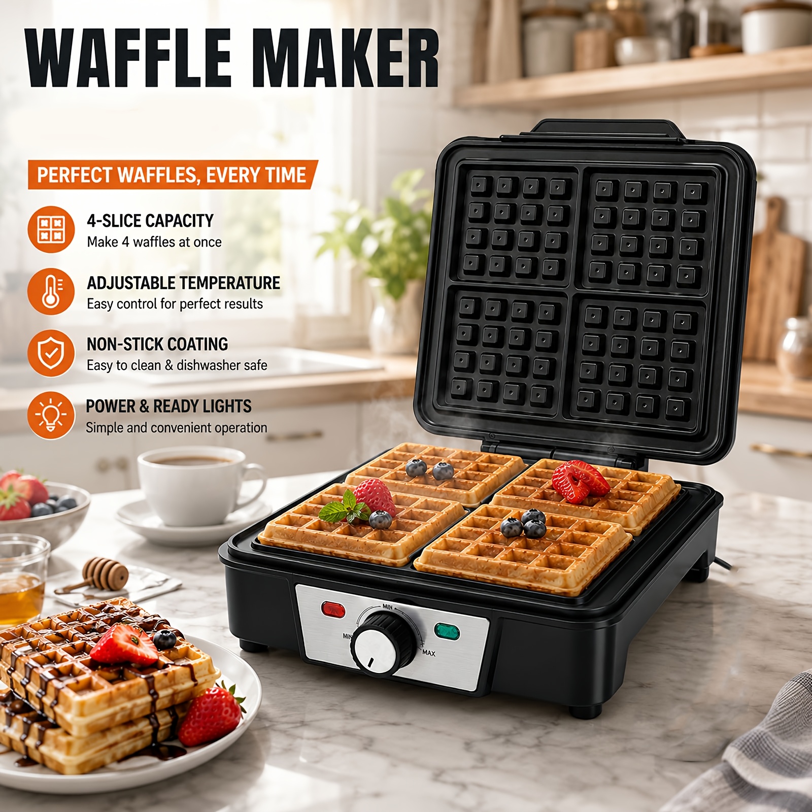 Image of 4- Waffle Maker, 1200w Electric With Adjustable Temperature Control, Plates, Indicator Lights, Household Breakfast Waffle Machine For Home Kitchen, Black