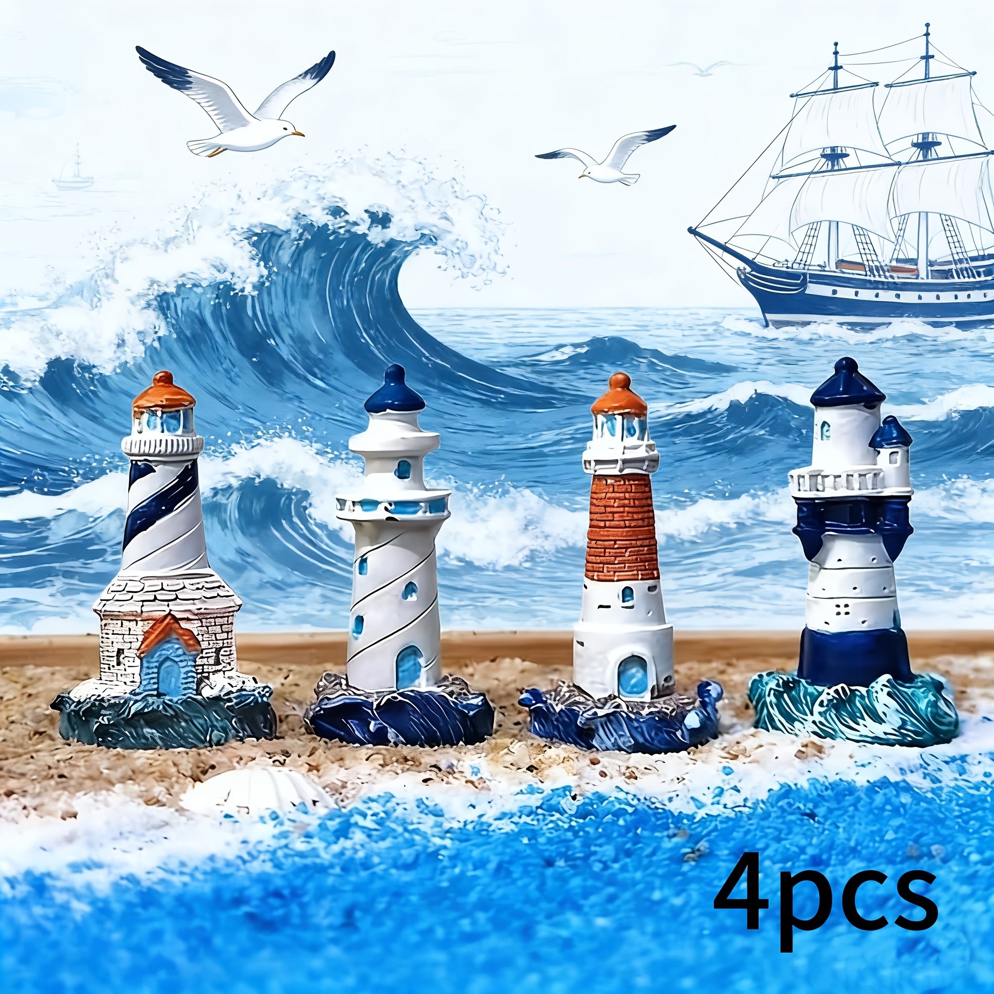 TEMU Ensemble de 4 pièces, Miniature d'ornement de phare créatif, Statue en résine à style méditerranéen océanique thème , Accessoire décoratif