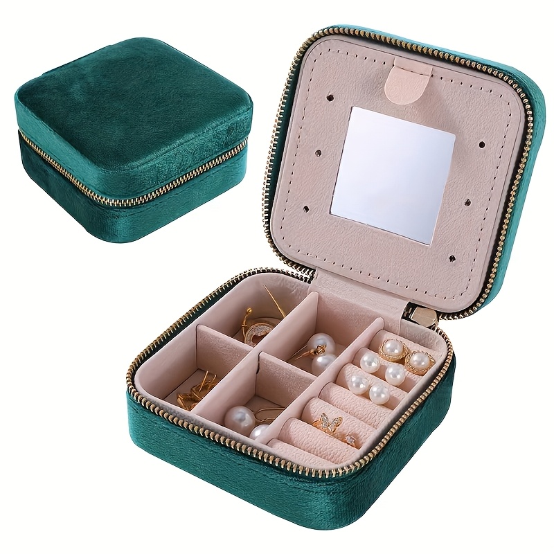 Image of Flannel Double-layer Jewelry Box With Mirror, Portable Travel Jewelry Organizer, Earring, Necklace, And Accessory Storage Box, Mother's Day, Valentine's Day Gift, Jewelry Boxes