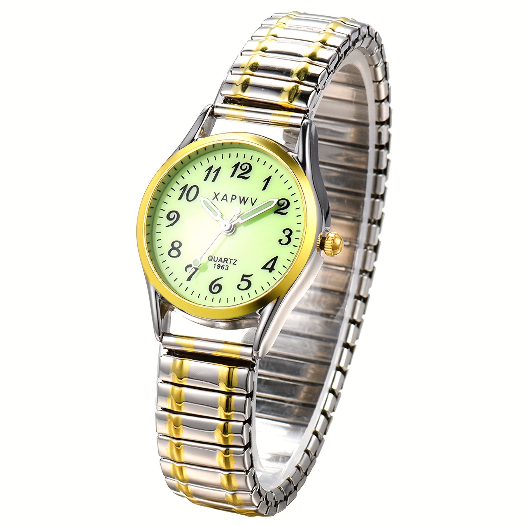 TEMU Fashion Simple Small Women's Elastic Watch, Quartz Wristwatch, Alloy Stretch Band, Large Arabic Scale Dial, Clear And Easy To Read, Round Case,