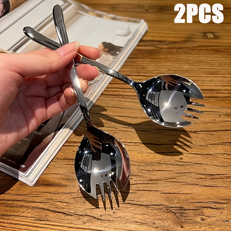 TEMU 2pcs Stainless Steel Salad Spoon And Watermelon Scoop, Instant Noodle Tool, Creative Spoon And Fork Combo, Western-style Pasta Fork, Dessert And