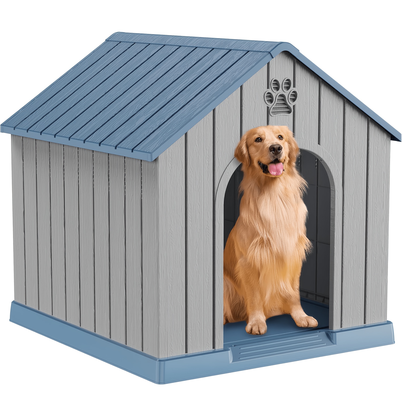 weatherproof dog house indoor outdoor use chew proof ventilated pet kennel with blue shingled roof window panels durable plastic dog shelter for small medium dogs pet food storage container eggshell shaped dog house sold separately