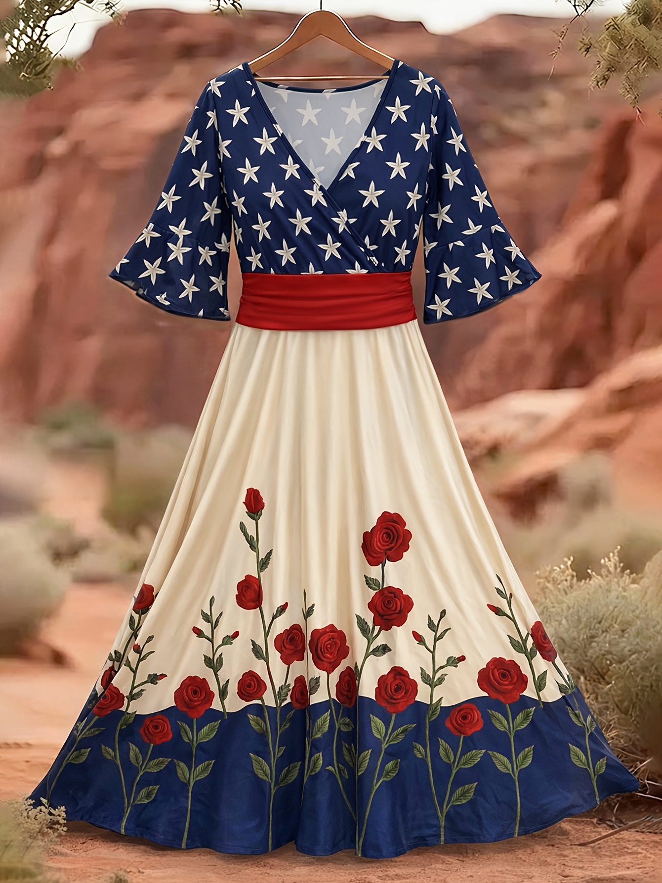 Plus Size, Vintage American Flag Print V-Neck Dress - Stretch Midi Dress  Suitable for * Ruched Waist & Flared Bell Sleeves, Machine Washable Elegant  Dress for, Semi-Formal, or Casual Wear