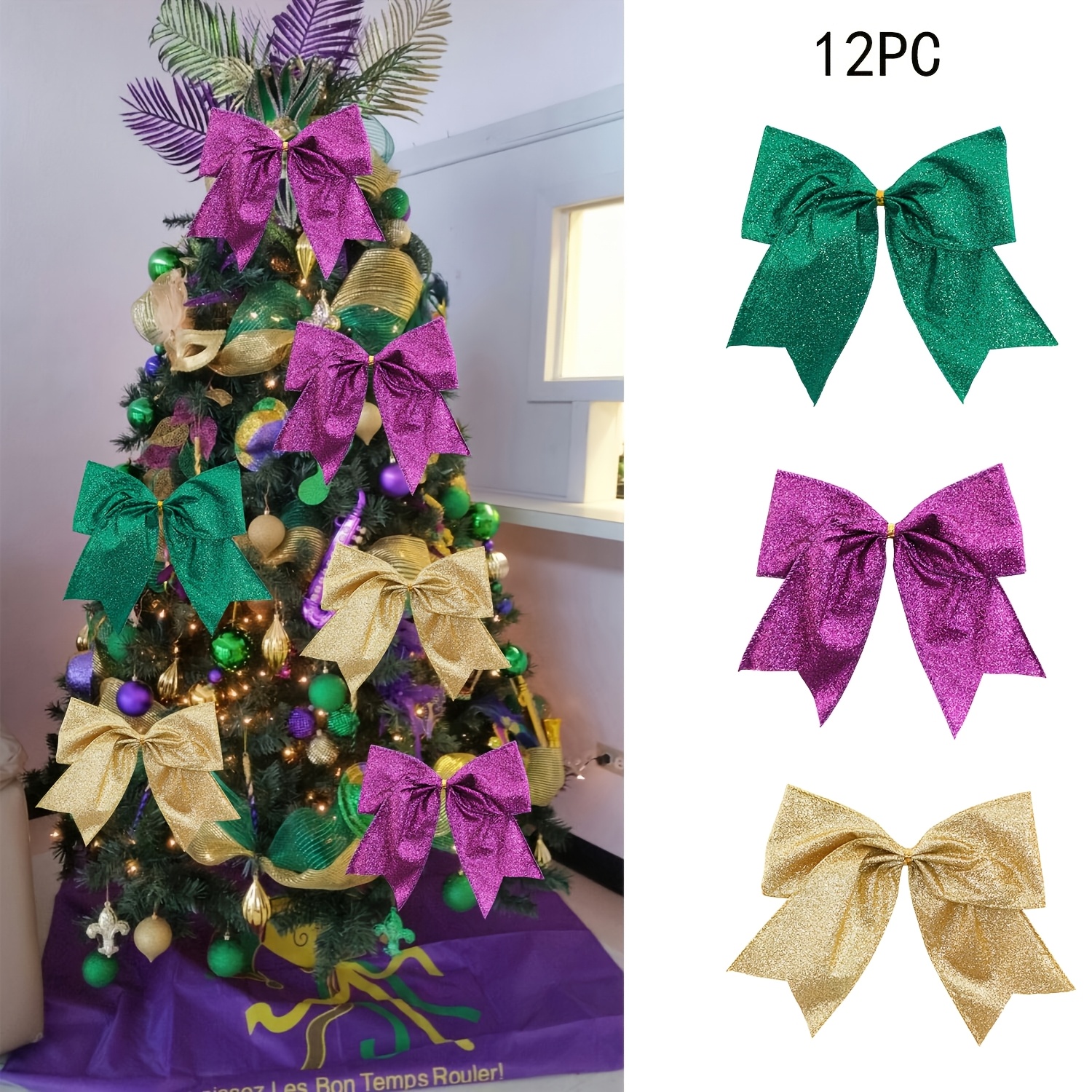 

12pcs Vibrant Mardi Gras Bows - Glittery Green, Purple & Golden Polyester Bows For Wreaths & Tree Toppers - Ideal For Fat , Carnival & Masquerade Party Decorations, Bows For Decoration