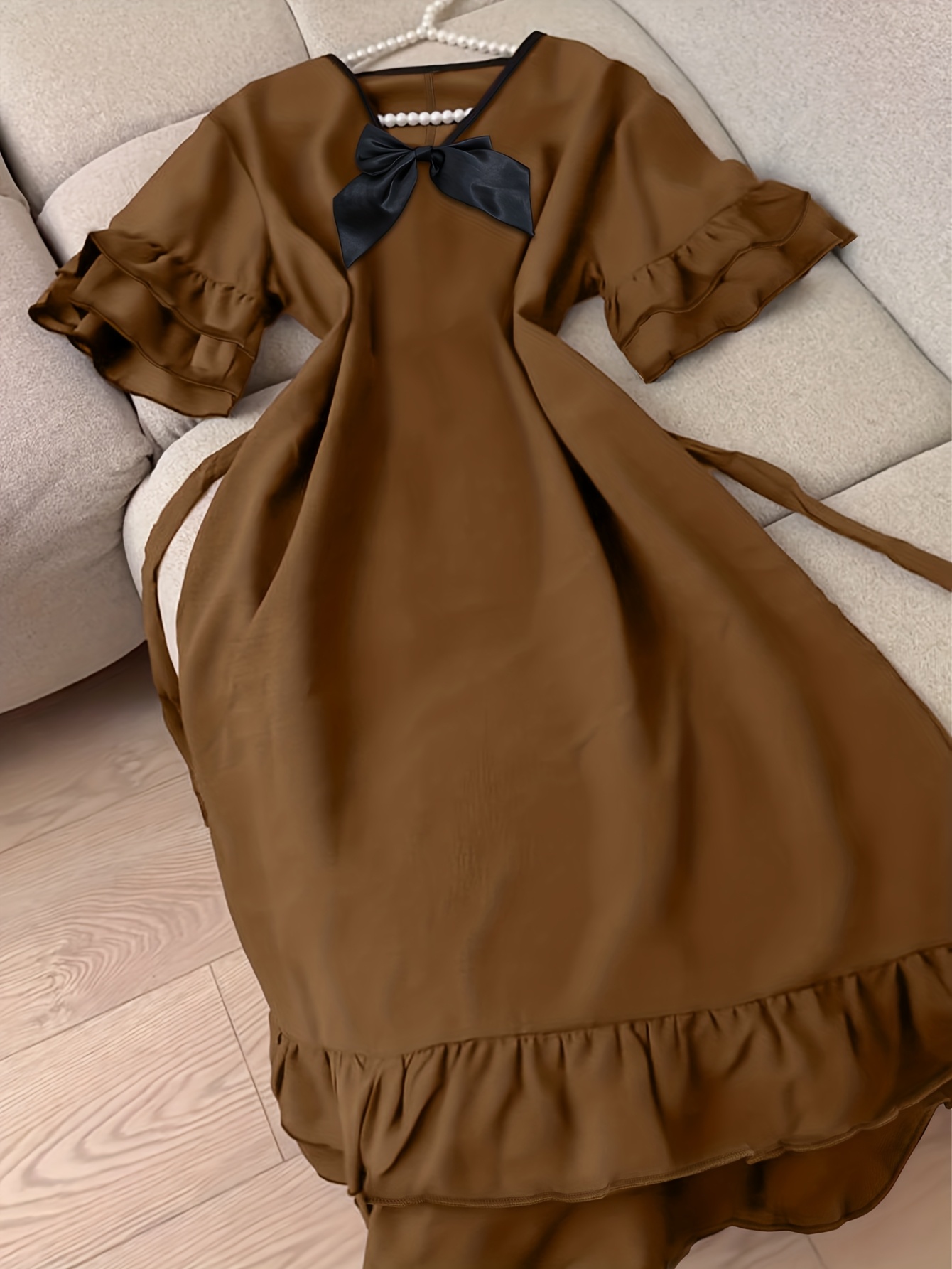 a brown dress in french Polka Dot Eco Midi Dress Chocolate Brown/White main image 0