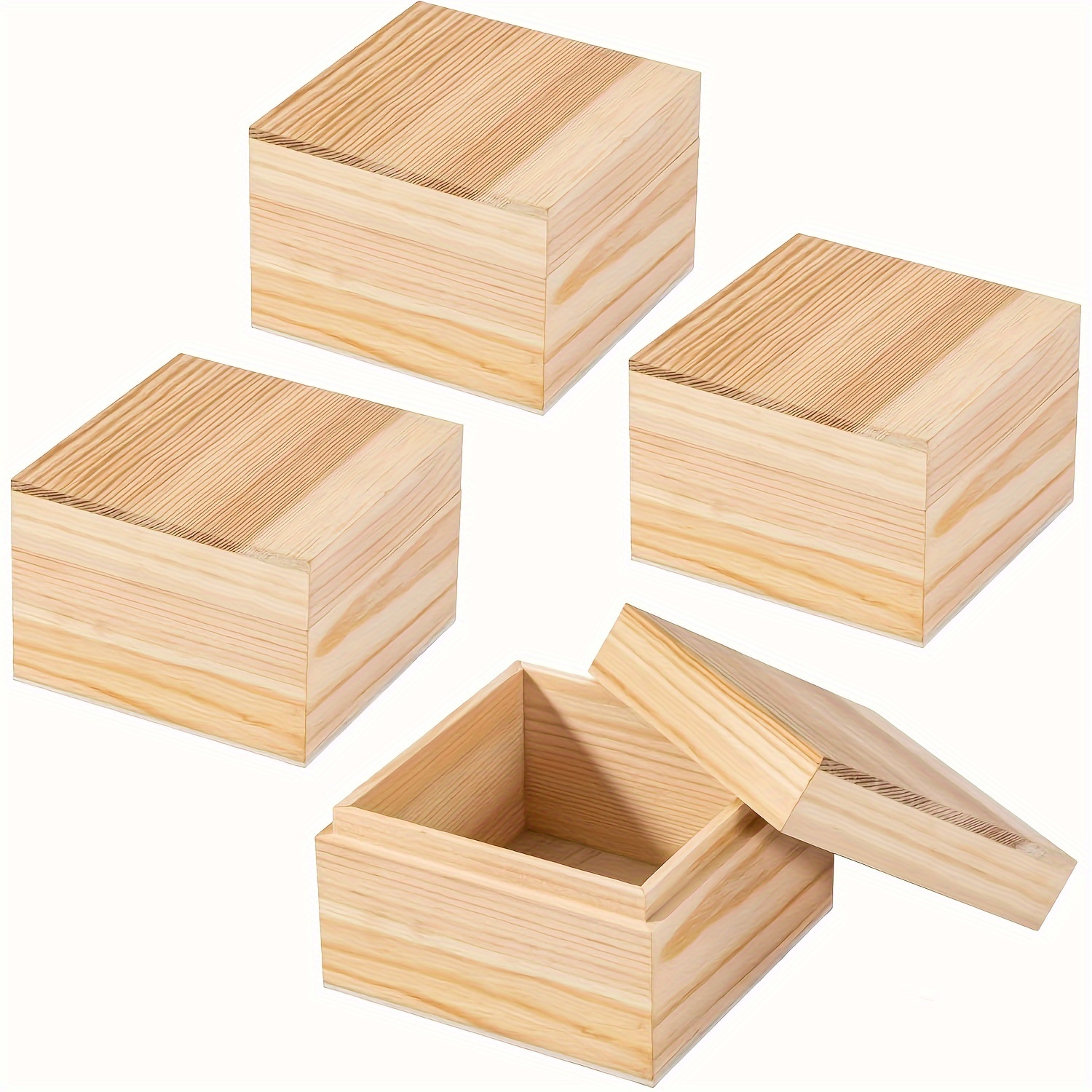 

4-pack Unfinished Wooden Keepsake Boxes With Lids - Diy Craft Storage Box For Art, Hobbies, And Home Organization - Solid Wood Square