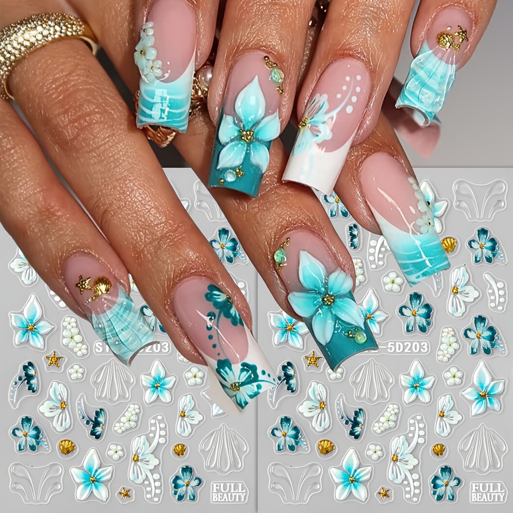 Image of 2 Sheets Of Nail Stickers, 5d Embossed Green Gradient Small , 3d Self-adhesive Nail Decals With Golden Starfish, Shells, And Wave Patterns For Nail Art Decoration