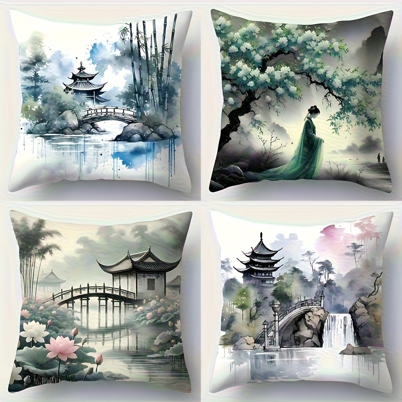 TEMU 4 pièces, housses de coussin imprimées - vert vintage, 17,7 pouces - design élégant de jardin chinois avec pagodes et cascades, fermeture éclair