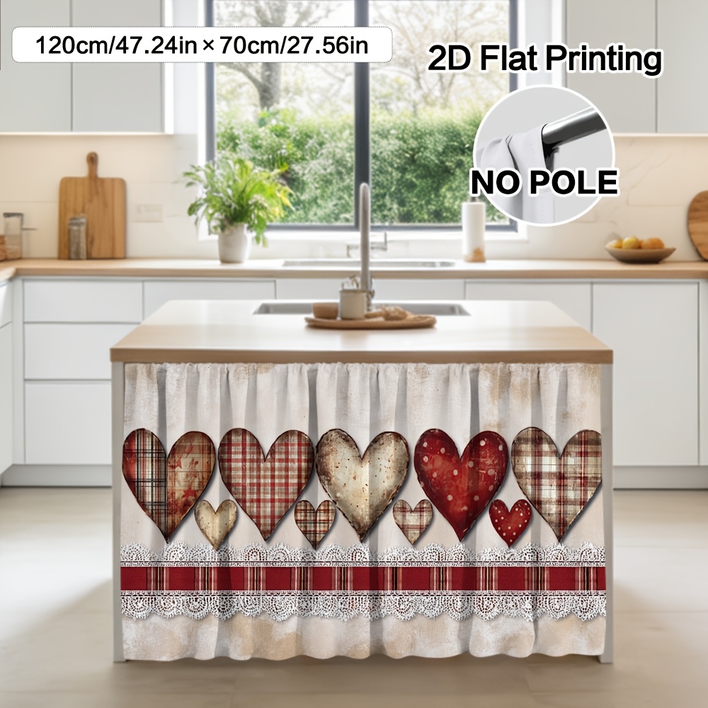 TEMU 2d Flat - 2d Flat - 1pc Of Valentine-themed Curtain And Cabinet Decoration Featuring Hearts And Lace, Made From Polyester For . It Has A Rod For
