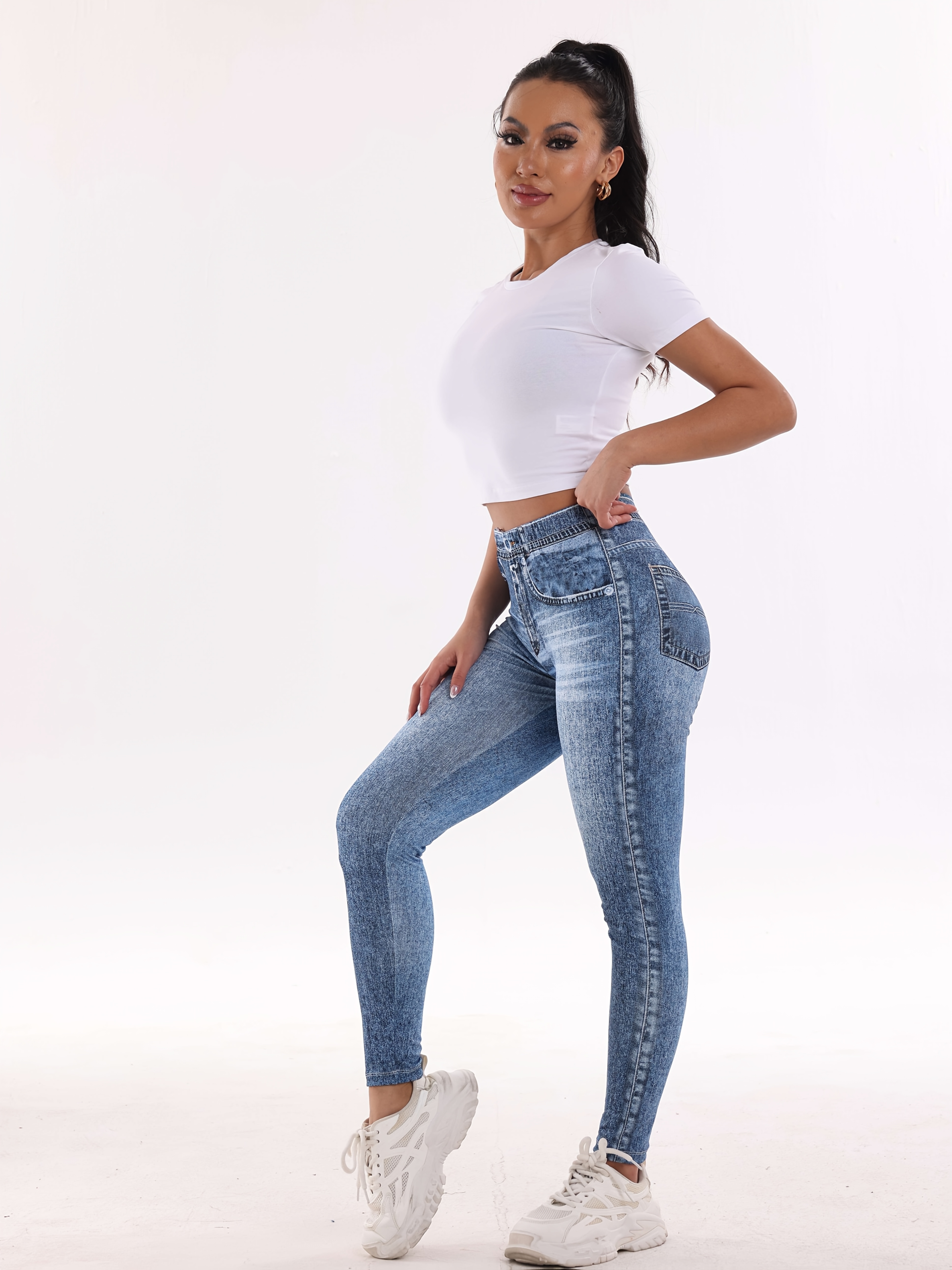 Women's High-Waisted Stretchy Imitation Denim Leggings - 7/8 Length Tight-Fit Printed Pants, Machine Washable All-Season Comfort for Workouts & Casual Outfits