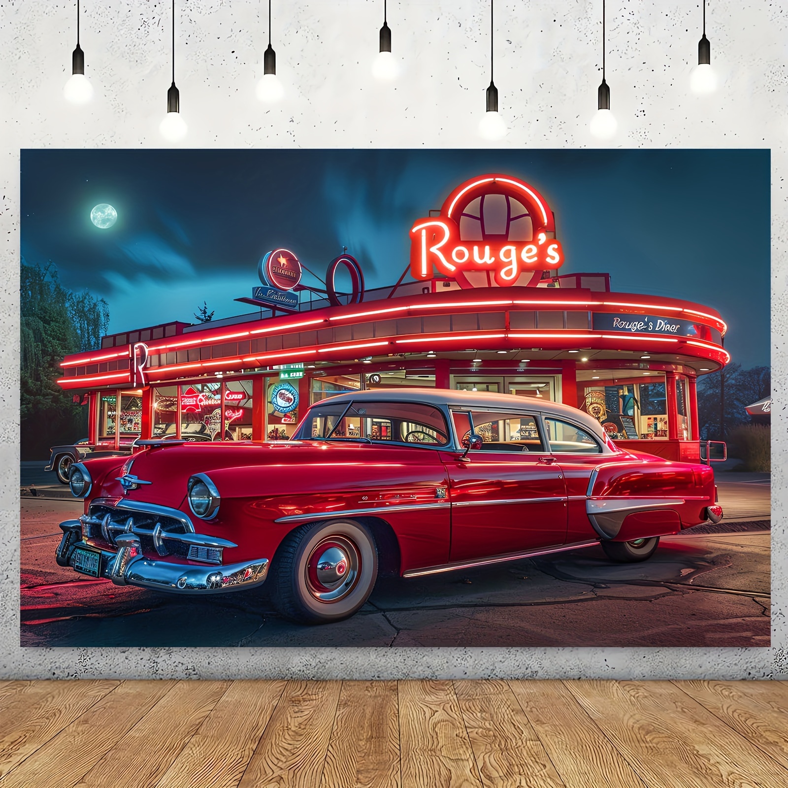 

1pc, 51×59in/70.8×90.5in, 50's Rock Roll Diner Backdrop 1950s Vintage Car Retro Nostalgia Photography Background Photo Shooting Studio Props Party Decor