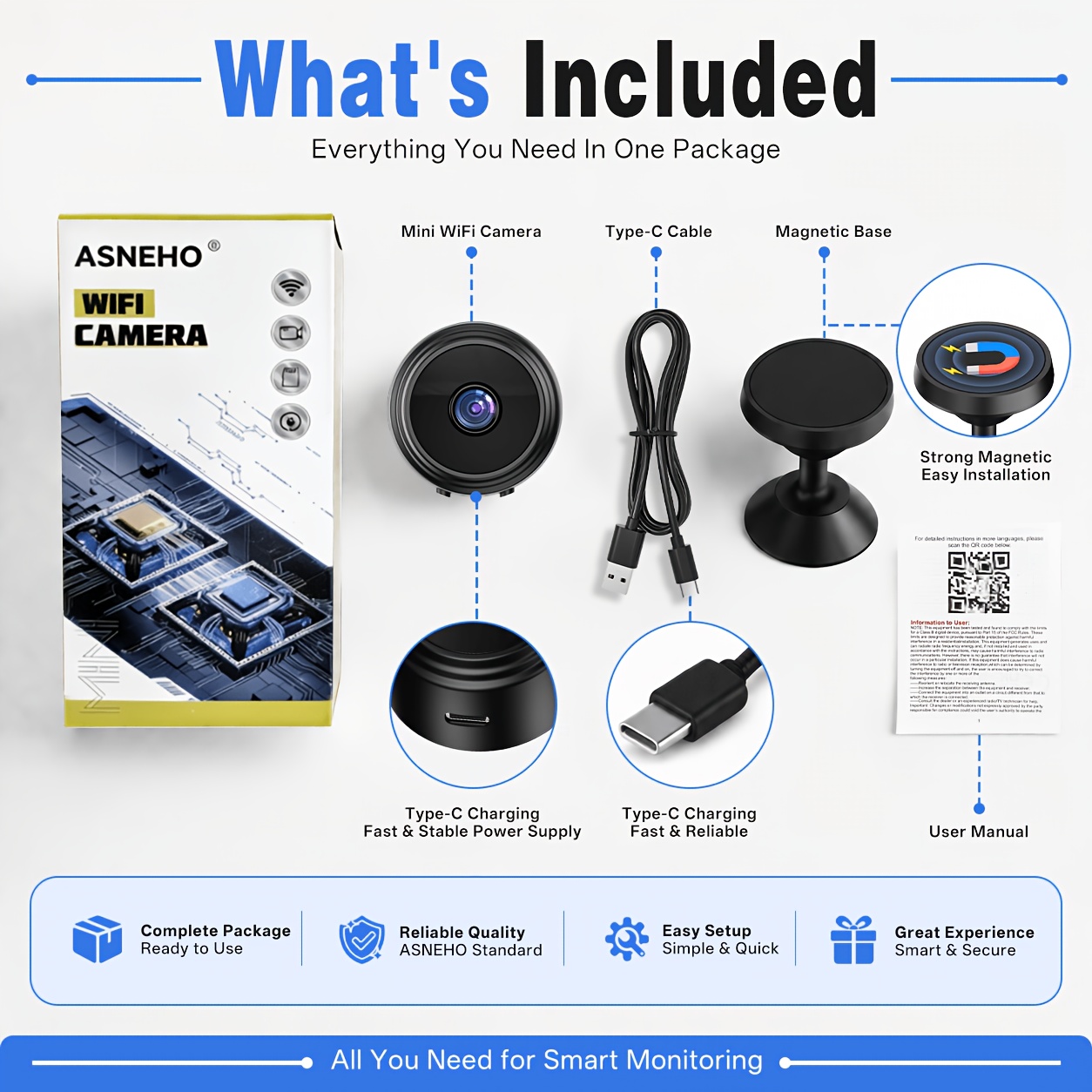 a9 wireless camera 480p sd indoor security camera with built in magnet usb powered rechargeable   wi fi   self   mounting app control audio alerts and portable design ideal for home surveillance Product details 1