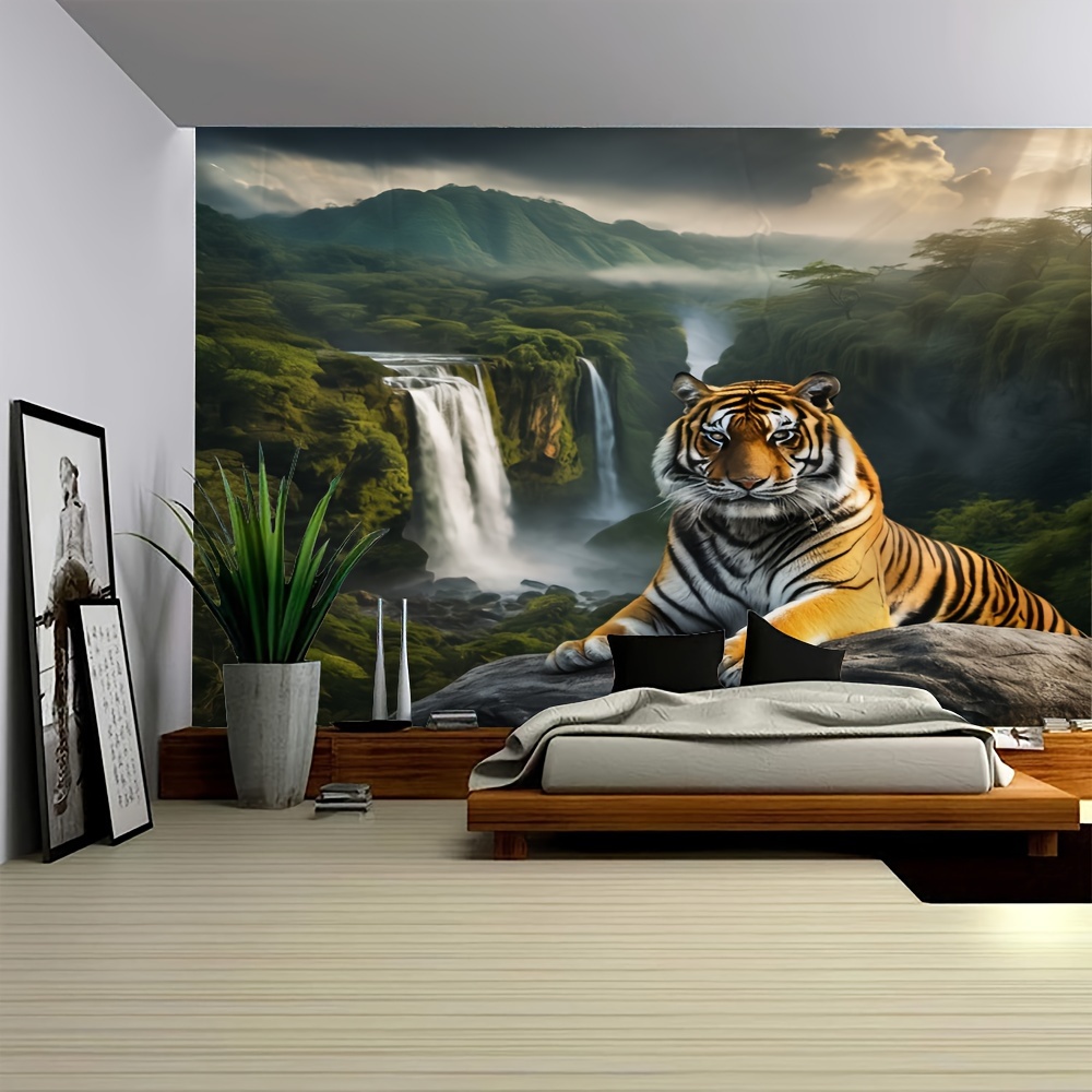 

Tiger & Waterfall Landscape Tapestry - 1pc Polyester Wall Hanging For Bedroom, Living Room, Office - Indoor Decor Tapestry With Free Installation Kit