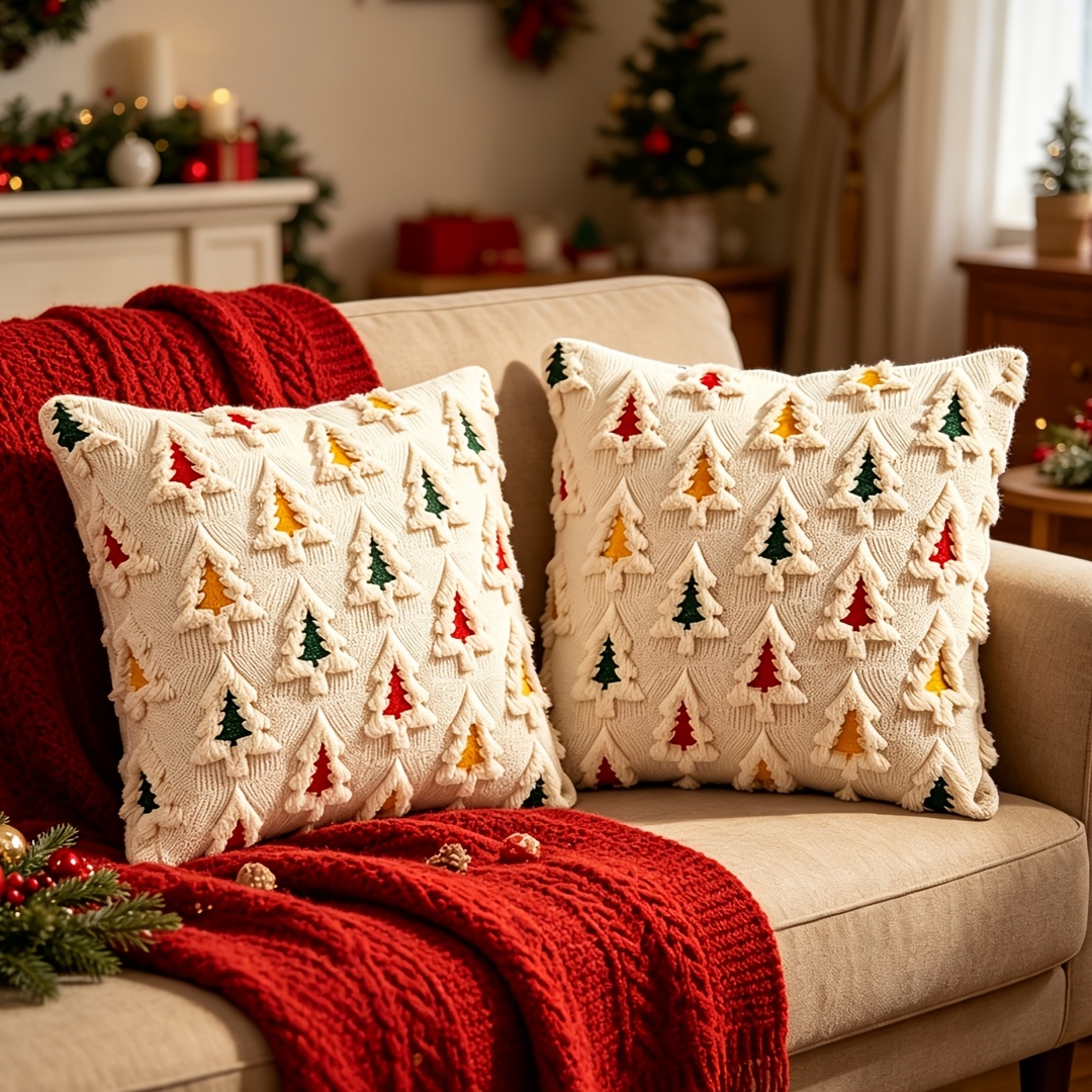 TEMU Lot de 2 housses de coussin en peluche de Noël 18x18 pouces, taies d'oreiller décoratives en peluche courte avec sapin de Noël multicolore,