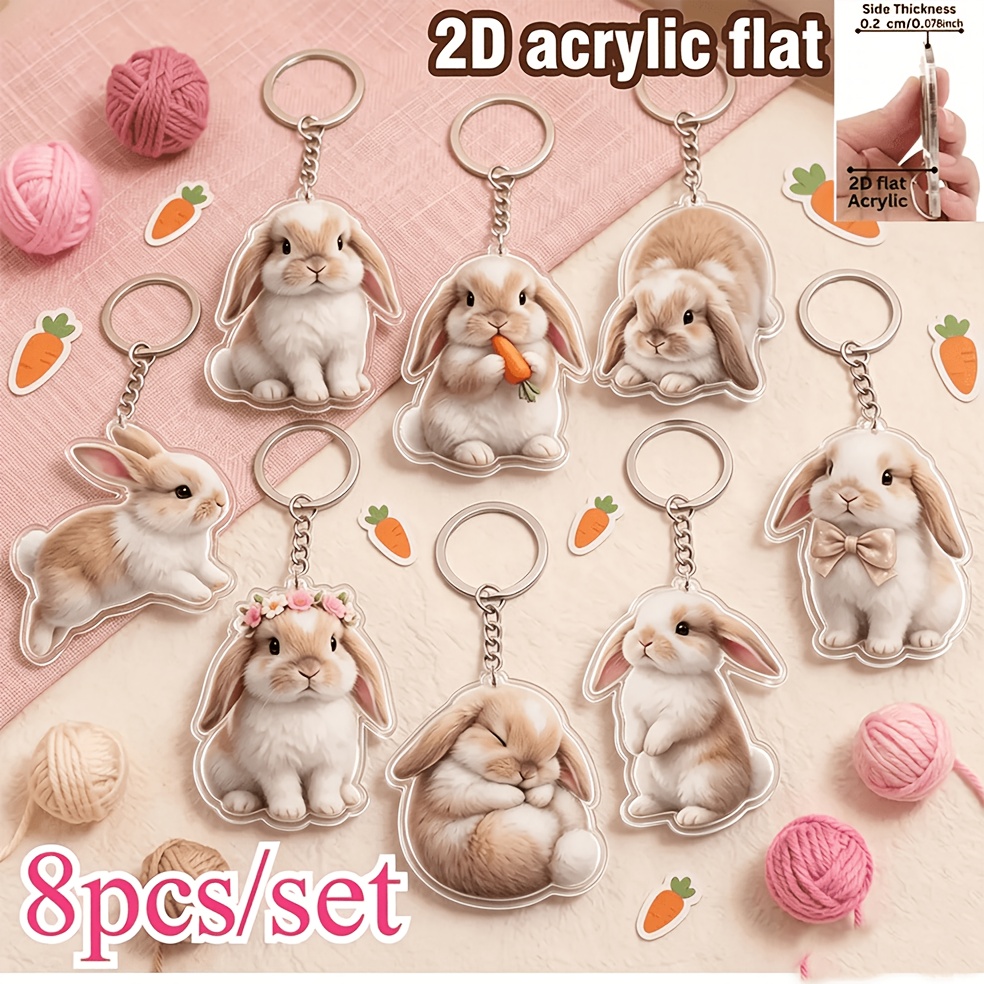 TEMU 2d Flat Design, 8pcs Set Of Cute And Realistic Flat Rabbit Acrylic Keychain Pendants, Suitable For Bags, Backpacks, Car Key Additions, And Gifts