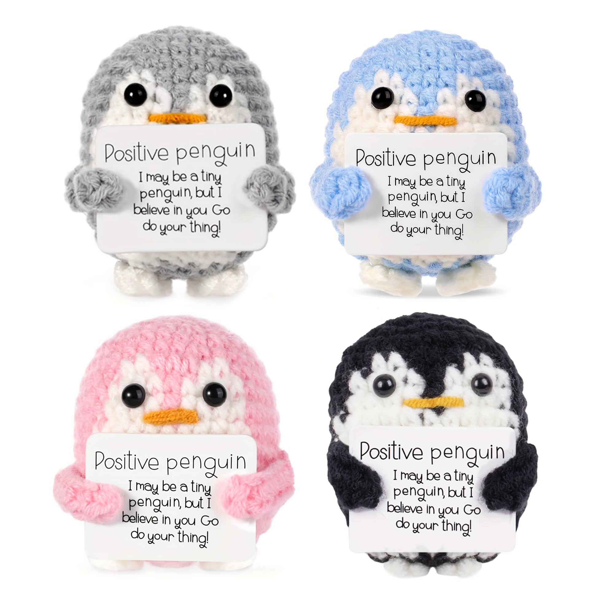 

4pcs Fun Positive Penguin Dolls, Handmade Crocheted Creative Gifts With Positive Energy Cards, Potato, Cute Decorations, Holiday Party Decorations, Birthday Holiday Gifts, Emotional Support To Friends