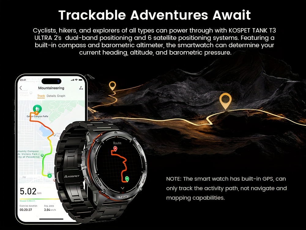 Le KOSPET TANK T3 Ultra2 est une montre intelligente GPS conçue pour les hommes, dotée d'une boussole, d'un altimètre et d'un capteur de pression barométrique. Elle prend en charge six systèmes de positionnement satellitaire et dispose d'une batterie de 470 mAh qui peut durer jusqu'à 60 jours. Avec une armature robuste en acier inoxydable.